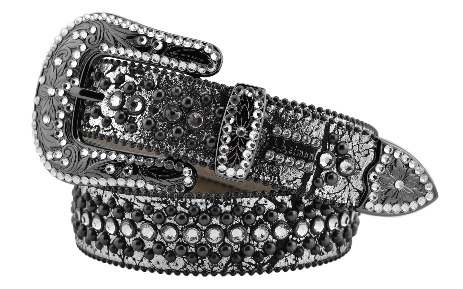 B.B. Simon Kish Black Lustrous Iced Silver Belt - Zunzle