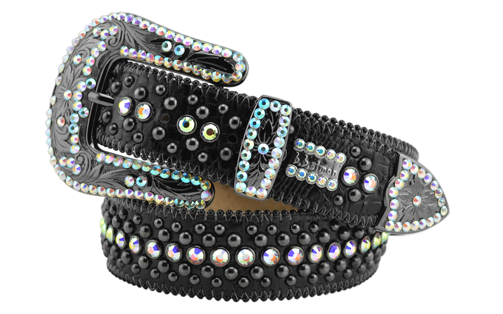 B.B. Simon Kish Black Lustrous Iced Silver Belt - Zunzle